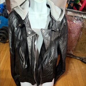 Forever 21 Black Leather Jacket with Gray Hood